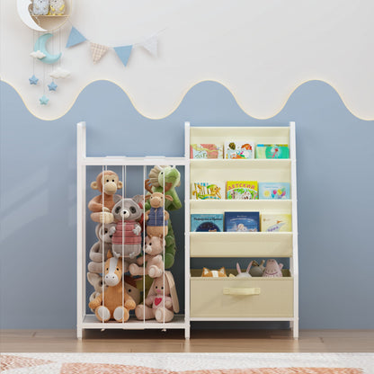 Kids Bookshelf and Toy Storage Organizer, Dual-Sided Children Bookshelf with Figure Display Storage and Book Sling Pockets, Toy Organizer for Playroom, Bedroom and Nursery