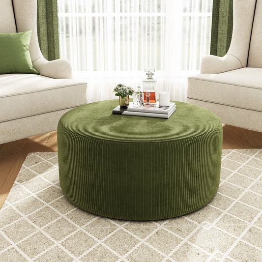 Upholstered Round Ottoman, Olive Green, Corduroy