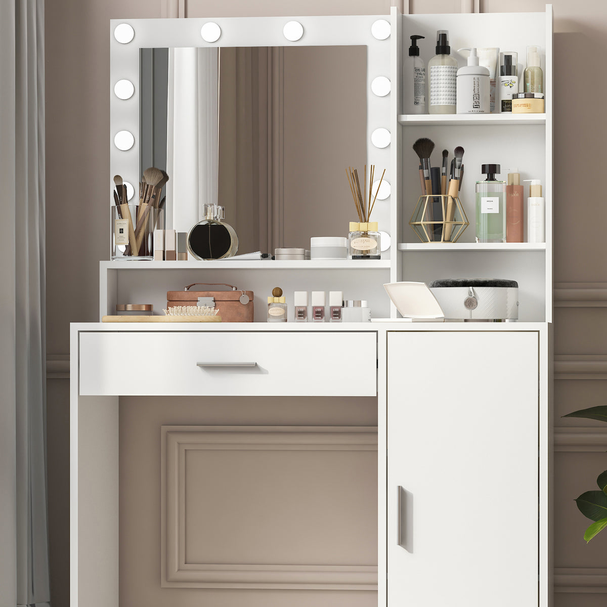 Vanity Desk with Mirror & Light, Large Drawer Three Level Storage Dresser, 3 Lighting Modes Adjustable Brightness, Bedroom Dressing Table - white