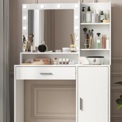 Vanity Desk with Mirror & Light, Large Drawer Three Level Storage Dresser, 3 Lighting Modes Adjustable Brightness, Bedroom Dressing Table - white