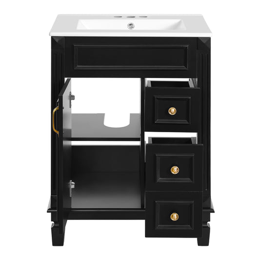 Modern Black Bathroom Vanity with Ceramic Sink, 24' Compact Cabinet with 2 Drawers and Adjustable Shelf