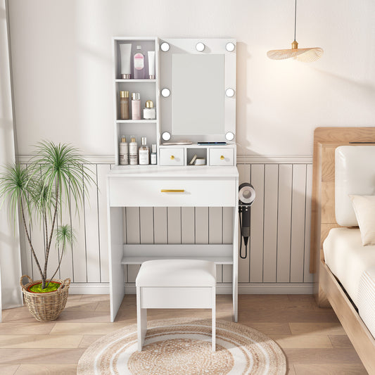 Vanity Table with Mirror & Adjustable LED Lights, Power Outlet, Hairdryer Holder & Stool – Compact Dressing Desk for Small Bedrooms(White)