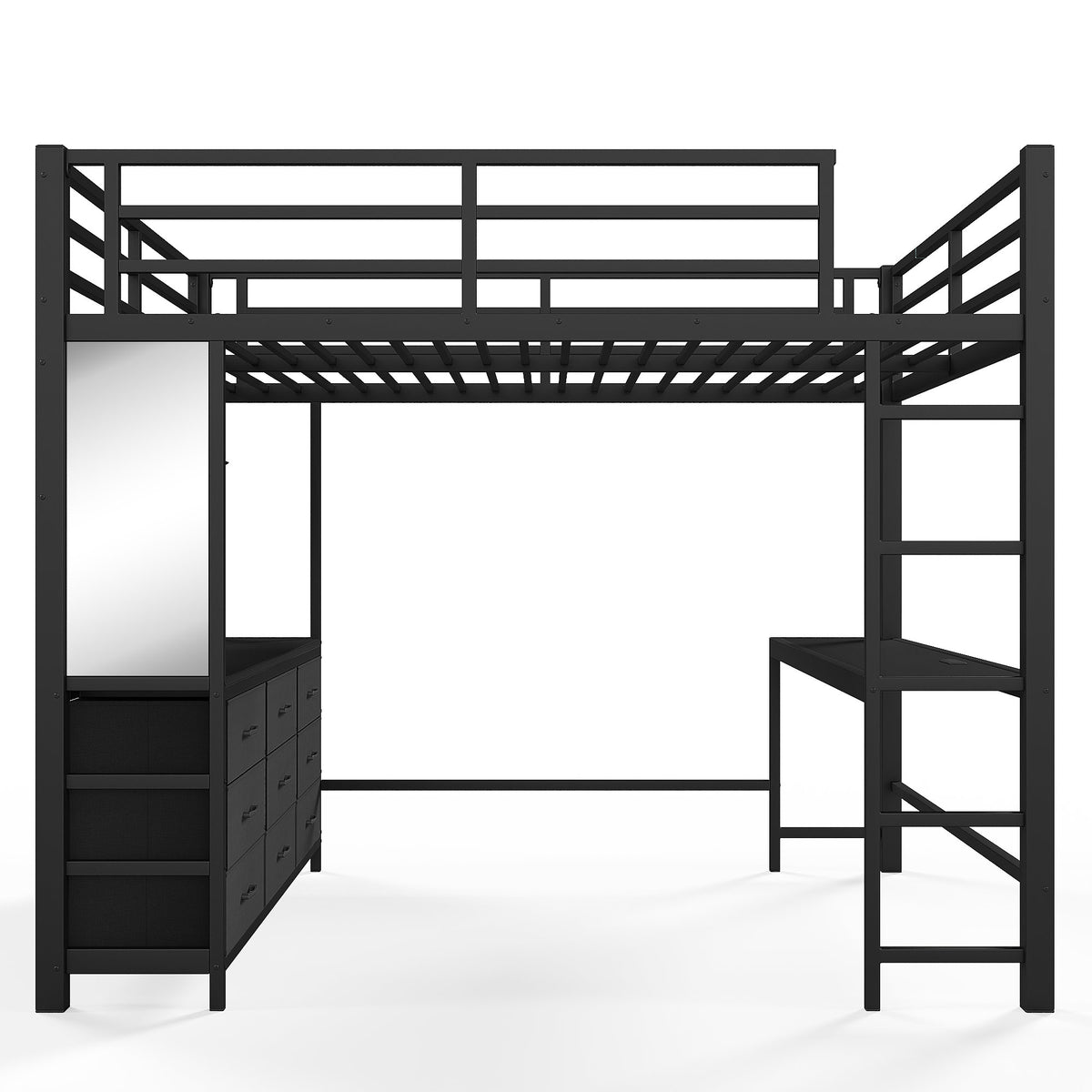 Queen Size Loft Bed with Desk, Loft Bed with Drawers, Loft Bed with Led Light and USB, Sturdy Loft bed Frame, Loft Bed with Mirror, Multi-Functional High Loft Bed for Teens Adults.Black