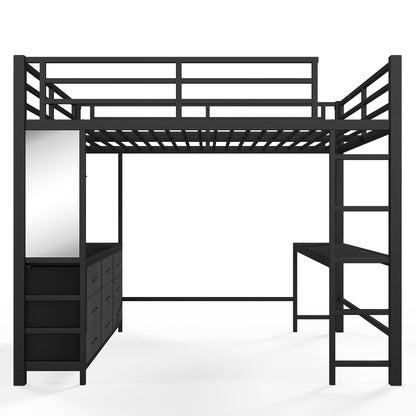 Queen Size Loft Bed with Desk, Loft Bed with Drawers, Loft Bed with Led Light and USB, Sturdy Loft bed Frame, Loft Bed with Mirror, Multi-Functional High Loft Bed for Teens Adults.Black