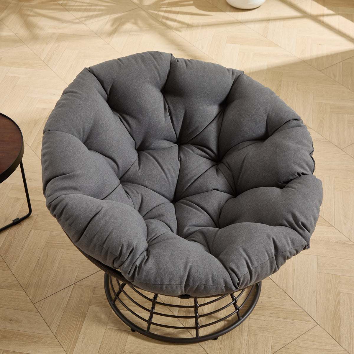 Comfortable Ergonomic Wicker Papasan Chair, 360° Swivel Indoor Outdoor Rattan Chair with Soft Thick Cushion, Ideal for Living Room, Bedroom, Reading Room, Brown Frame with Grey Cushion