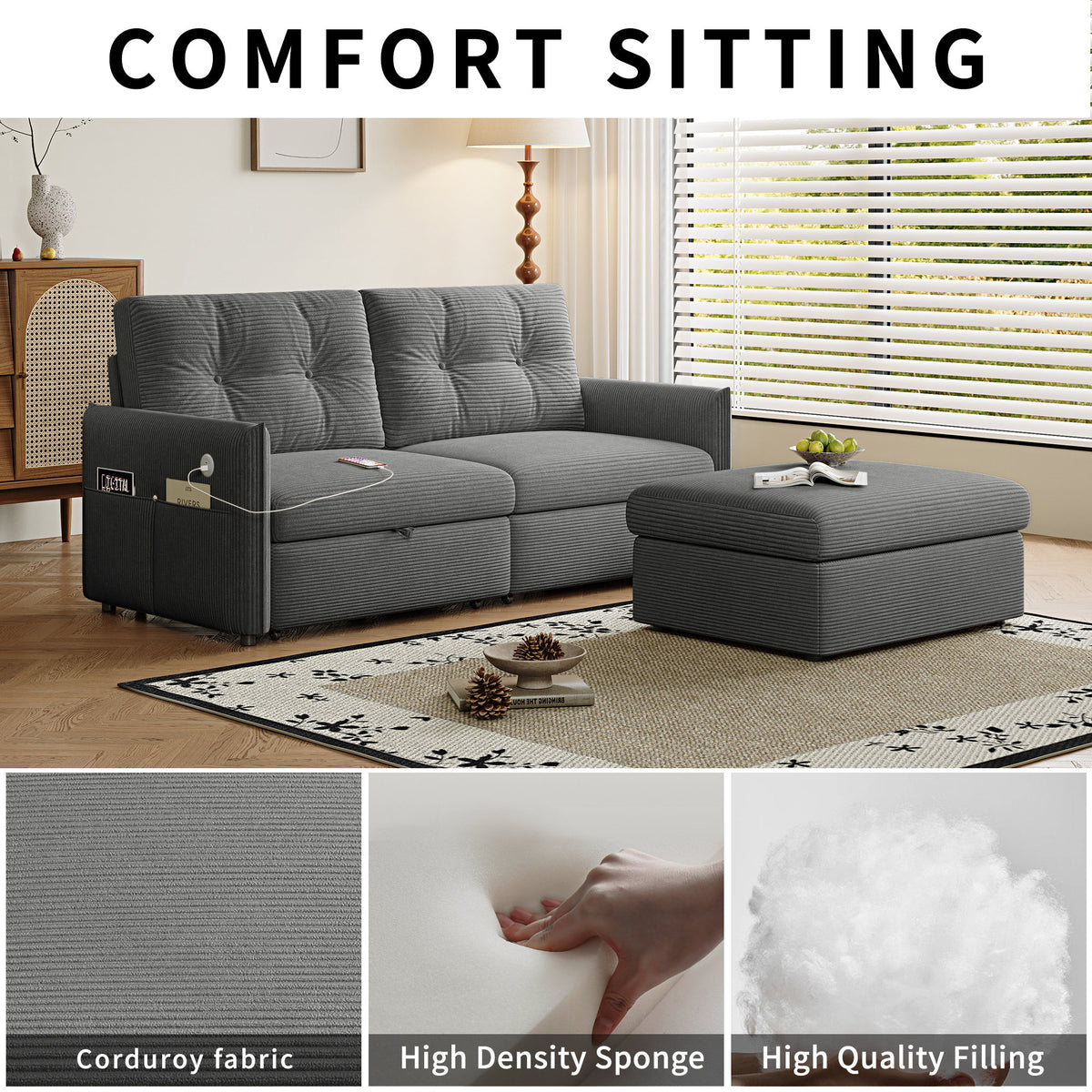 Sleeper Sofa, 69.7' Pull-Out Bed Storage Sectional, Convertible 2-in-1 Sofa Bed with Ottoman, Cozy Multi-Functional Futon for Small Spaces, Corduroy Fabric, Ideal for Living Room & Bedroom