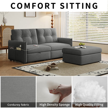 Sleeper Sofa, 69.7' Pull-Out Bed Storage Sectional, Convertible 2-in-1 Sofa Bed with Ottoman, Cozy Multi-Functional Futon for Small Spaces, Corduroy Fabric, Ideal for Living Room & Bedroom