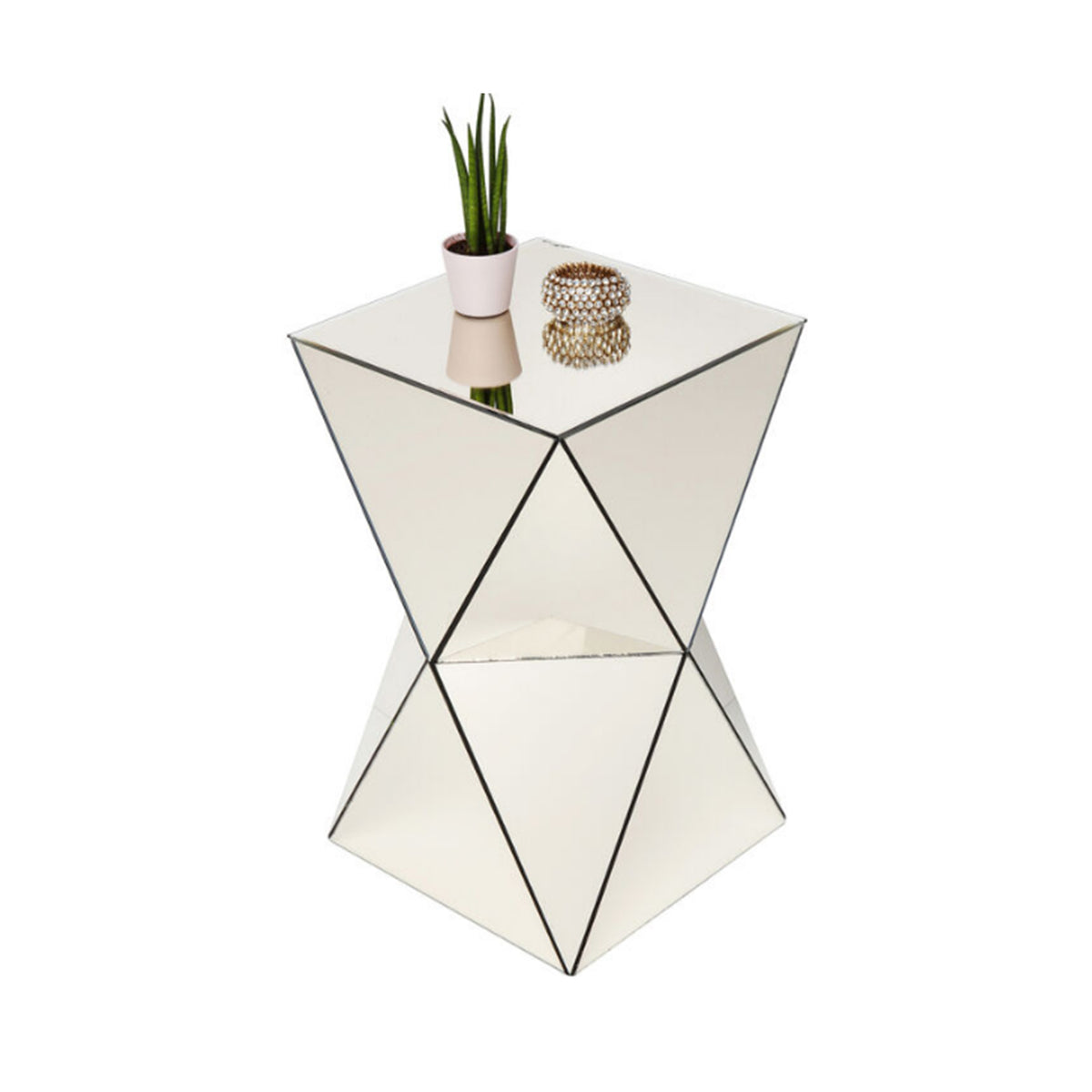 Champagne Mirrored Geometric Side Table, Modern Luxe Accent End Table, Reflective Mirror Decorative Nightstand for Living Room, Bedroom, Sofa Side