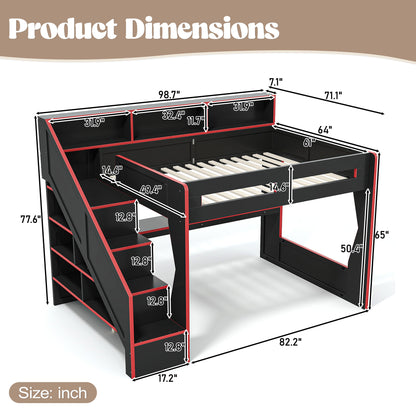 Queen Size Gaming Loft Bed with Storage Stair & Open Headboard Shelves, LED Light & USB Charging Desk, Elevated Loft Bed Frame with House-Shaped Cutout Design for Gamers,Black&Red