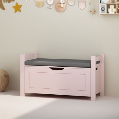 Kids Toy Box Chest for Boys Girls, Large Storage Cabinet with Cushion Seat Bench/ Flip-Top Lid/ Safety Hinge, Toy Storage Organizer Trunk for Nursery, Playroom (Pink)