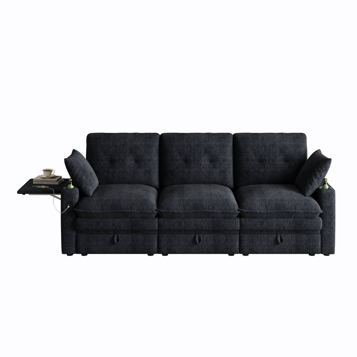 89-inch three-person cloud sofa with storage, armrests featuring hidden tabletop and USB ports, and armrests with storage function. High-quality cashmere three-person sofa. Suitable for living rooms,