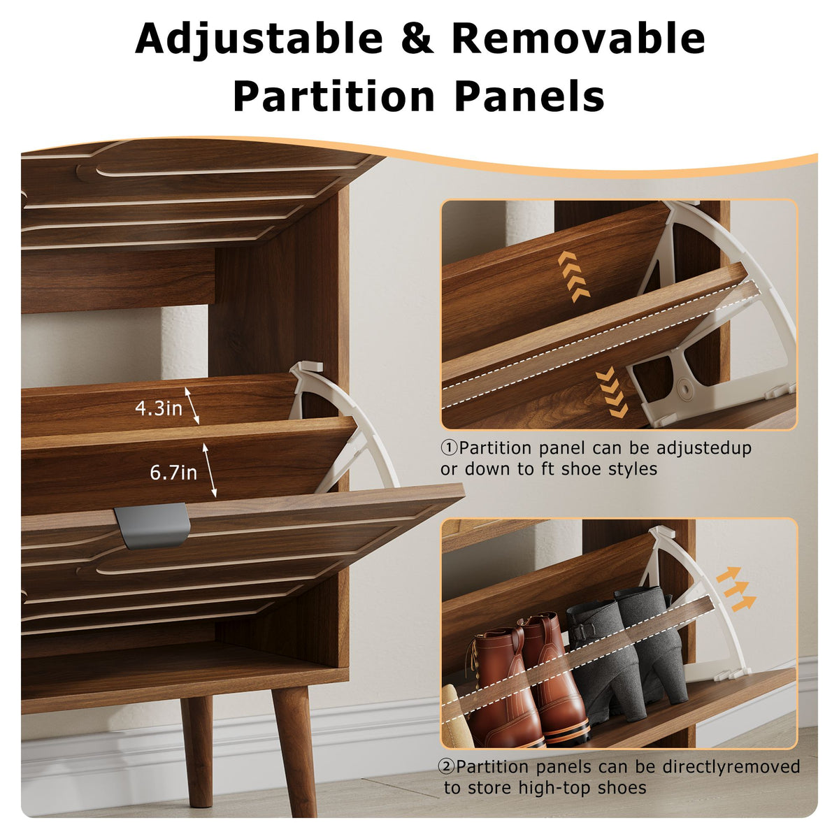 Medieval Modern Independent Shoe Cabinet with 2 Flip Drawers, Walnut MDF, 31.5-inch