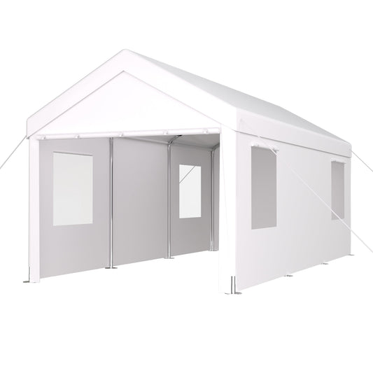 Carport 10" x 20" Portable Garage, Heavy Duty Car Port Canopy with 2 Roll-up Doors & 4 Ventilated Windows for Car, Truck, Boat – White