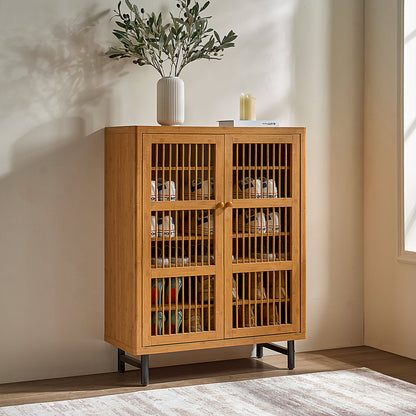 Walnut Modern Shoe Cabinet with Louver Doors, 6-Tier Entryway Organizer with Adjustable Shelves, MDF and Iron Construction, Natural Finish