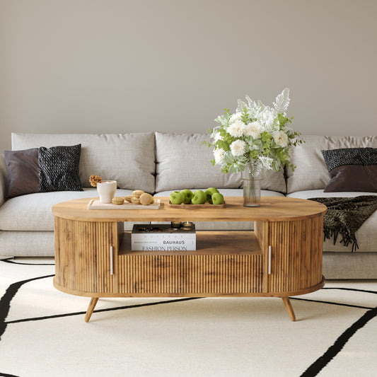 DFW 45.27 Inch Oval Coffee Table with Storage, AlsoCan be used as TV standMid Century Modern Coffee Table with Drawer, Center Table with Sliding Door and Wood Fluted Handle for Living Room, Nature Oak