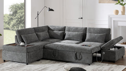 [VIDEO]107'' Sectional Sleeper Sofa Bed with Pull Out Couch, L-shaped with Adjustable Armrest, USB&Type-C Charging