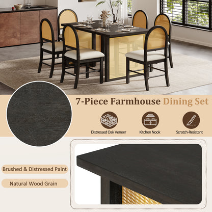 TREXM 7-Piece Farmhouse Dining Table Set for 6 - 59.8" Rectangular Dining Table with Distressed Oak Veneer and 6 Rattan Chairs