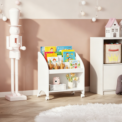 Kids Bookshelf with Wheels, 3-Tier Front Display Bookcase, MDF Rolling Book Organizer with 360° Lockable Casters, Children Storage Shelf for Nursery Bedroom Playroom