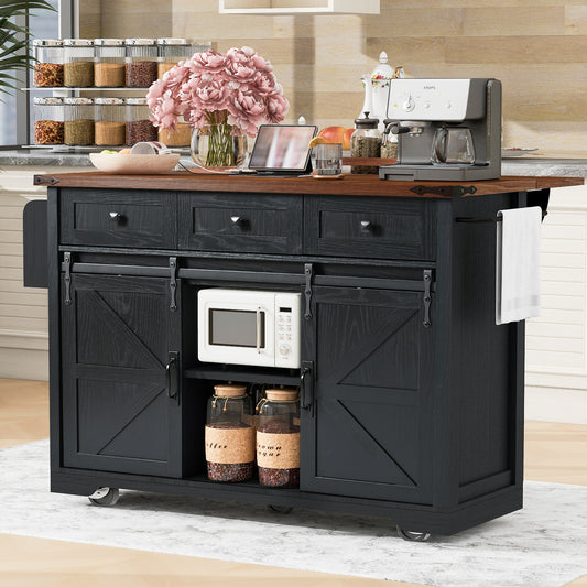K&K 53.7" Farmhouse Kitchen Island with Power Outlet, 2 Sliding Barn Door Kitchen Storage Island with Drop Leaf – Black