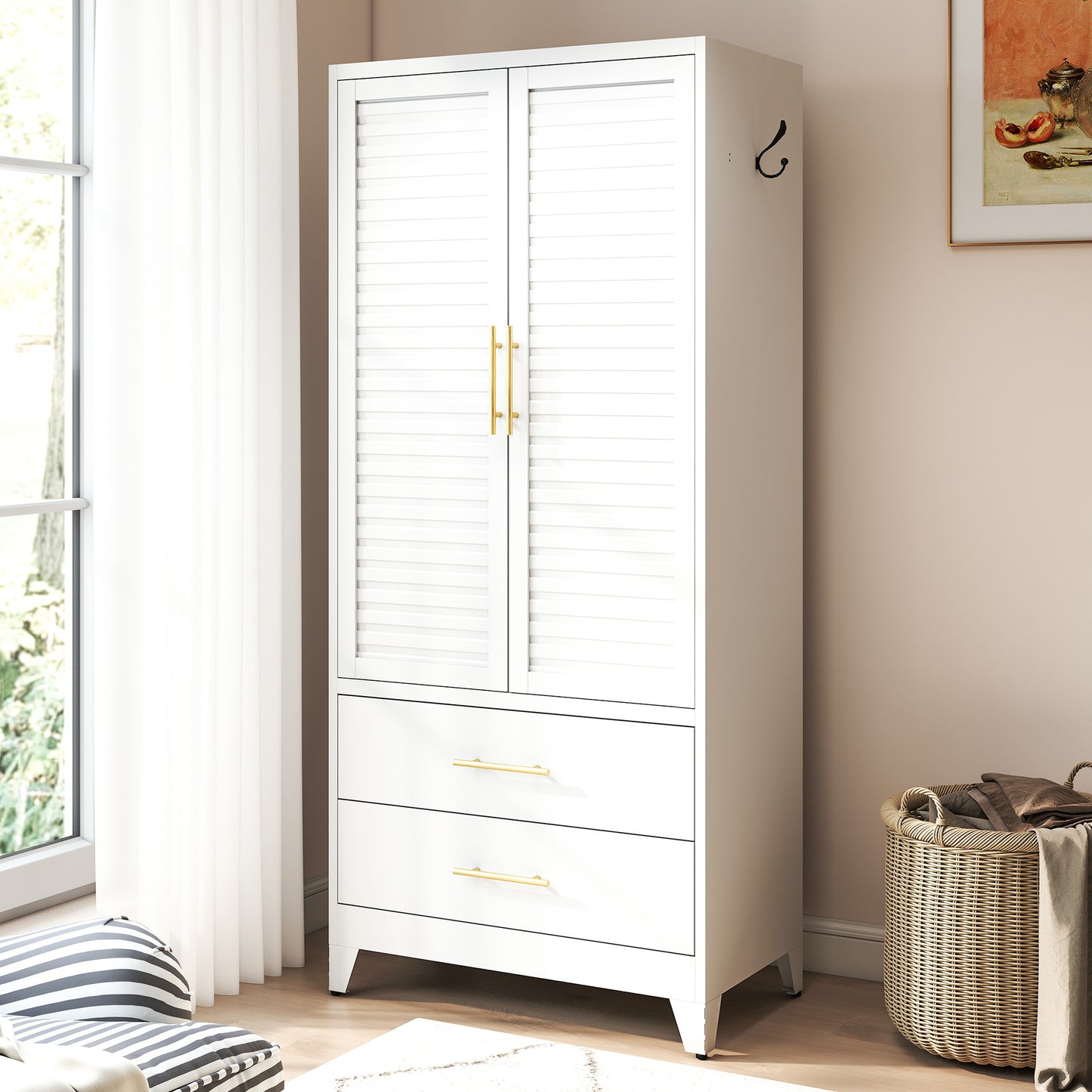 White Metal Wardrobe Closet with 2 Doors and Drawers, 71″ Tall Storage Cabinet for Bedroom, Lightweight Portable Closet for Small Apartments, Dorm, Renters, Cold Rolled Steel, Easy Assembly
