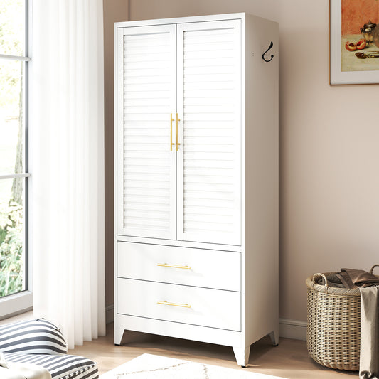 White Metal Wardrobe Closet with 2 Doors and Drawers, 71″ Tall Storage Cabinet for Bedroom, Lightweight Portable Closet for Small Apartments, Dorm, Renters, Cold Rolled Steel, Easy Assembly
