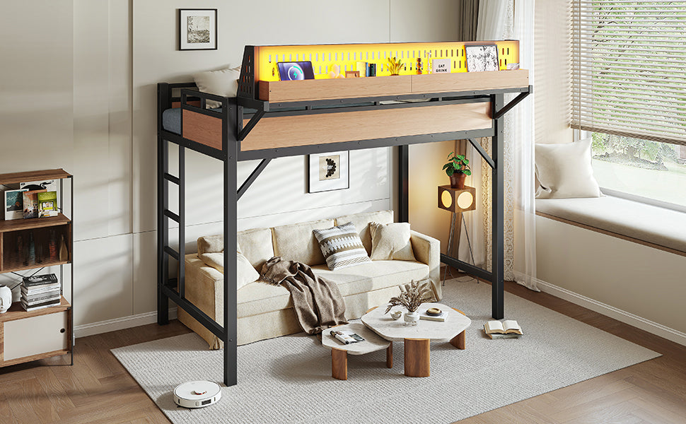 Twin XL size Loft Bed Frame with Storage Shelves and Pegboard, Metal Loft Bed with USB Ports and LED Lights, Safe and Sturdy, Natural