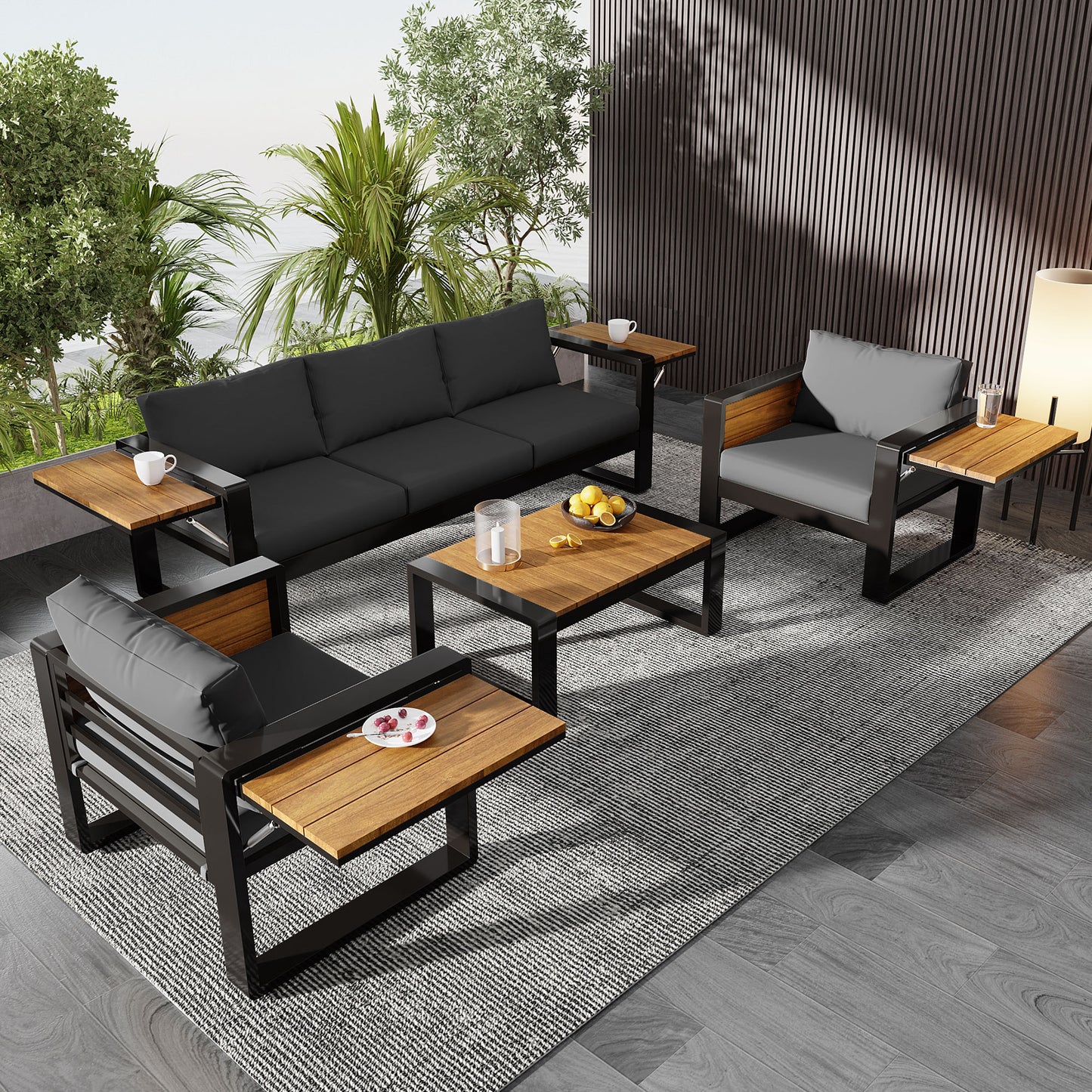 Aluminum Frame Large 4-Piece Outdoor Patio Furniture Set for 5 Person, 3-Seater Sofa, 2 Armchairs with Fold-Out Side Tables, Modern Garden/Patio Seating, Grey Cushions