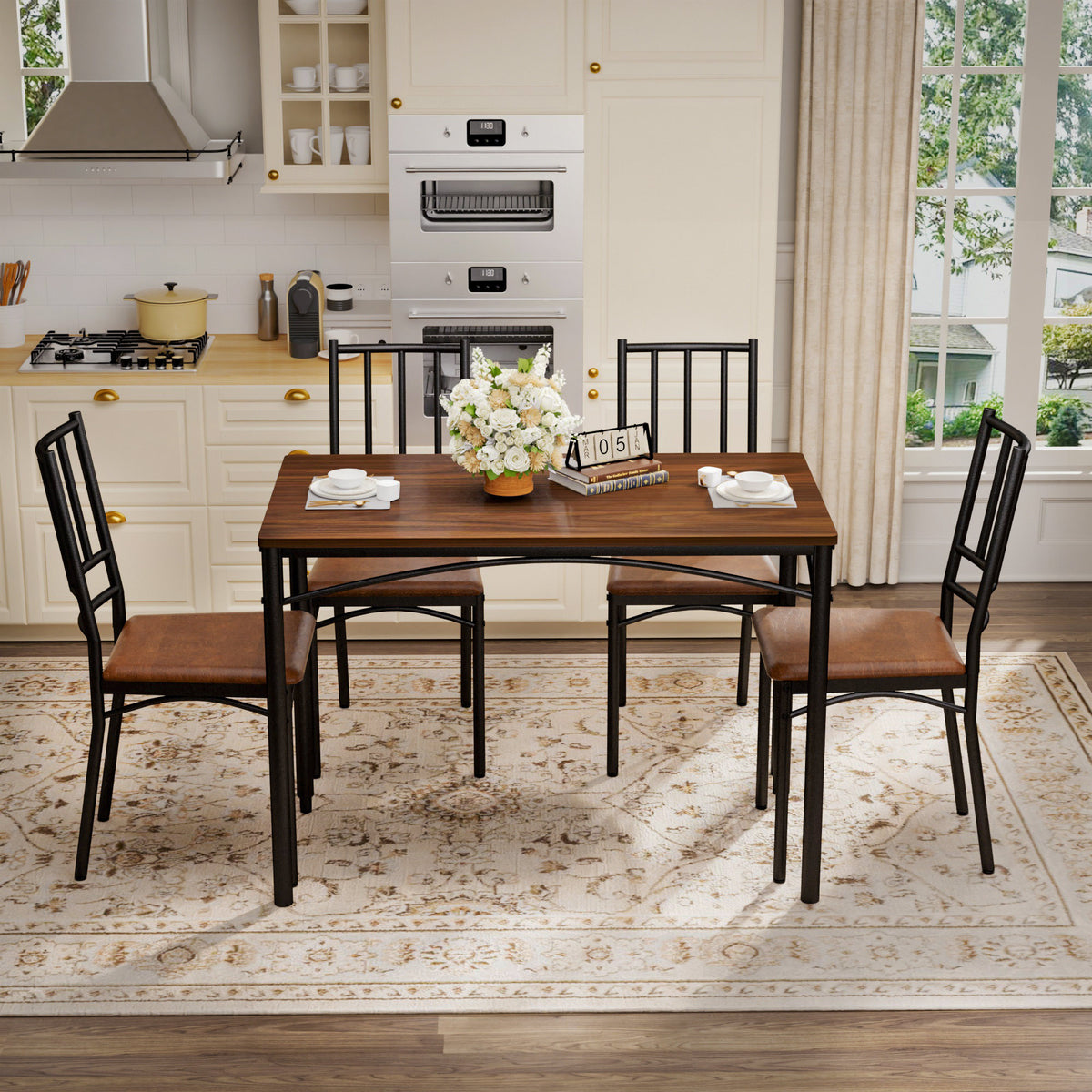 Dining Table Set, Bar Table with 4 Dining Benches, Kitchen Table Counter with Chairs, Industrial for Kitchen Breakfast Table, Party Room – Walnut