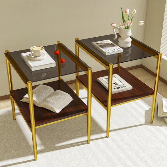 Set of 2 Rectangle End Table, Tempered Glass Tabletop with MDF layer, Modern Table for Living Room , Gray Glass – Model W241P184252