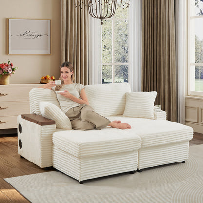 Double Chaise Lounge with Two Storage Ottomans,Corduroy Sofa with Cup Holders, USB Port,Storage Space and Bluetooth Speaker for Living room and Bedroom