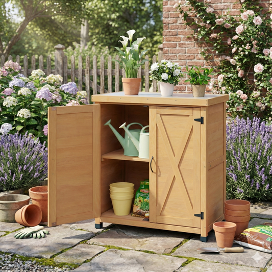 Potting Bench with Storage Cabinet and Metal Table Top for Outdoor Patio, Outdoor Work Station Table – Brown