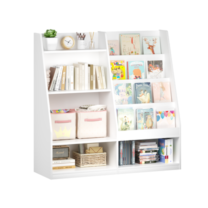 Kids Bookshelf and Toy Storage Organizer, Multifunctional 4 Tier Wooden Kids Book Shelf with Bookcase Display Stand in Kids Room Playroom Nursery for Kids, Children, Toddlers (White)