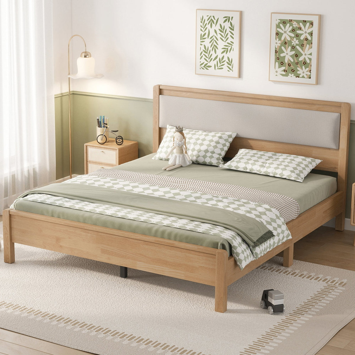 Queen Size, Solid Rubber Wooden Bed with Upholstered Headboard, Reinforced by Central Support Legs,Natural