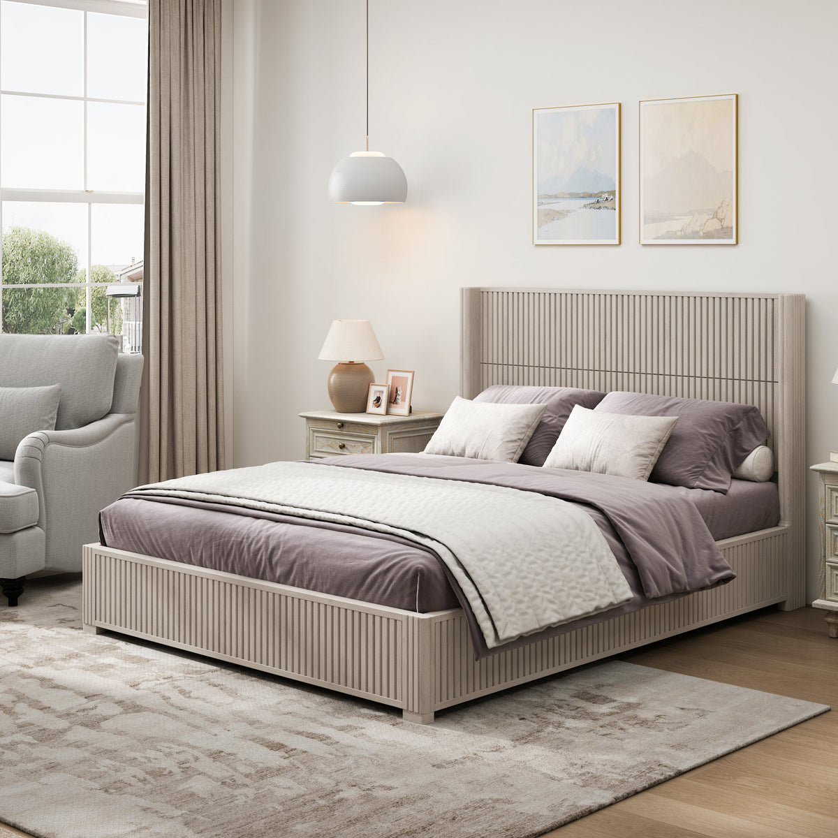 (ETA:9.21-AT:25) Solid Wood Platform Bed Frame with Headboard, No Box Spring Needed, Floor-standing bed, Easy Assembly, Queen Size, Beige