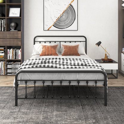 Metal Platform Bed Frame, Victorian Style Headboard/Footboard/Under Bed Storage/No Box Spring Needed/Queen Size Black