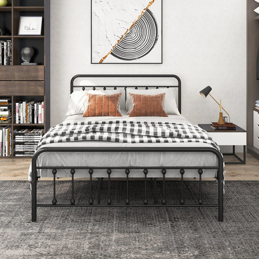 Metal Platform Bed Frame, Victorian Style Headboard/Footboard/Under Bed Storage/No Box Spring Needed/Queen Size Black