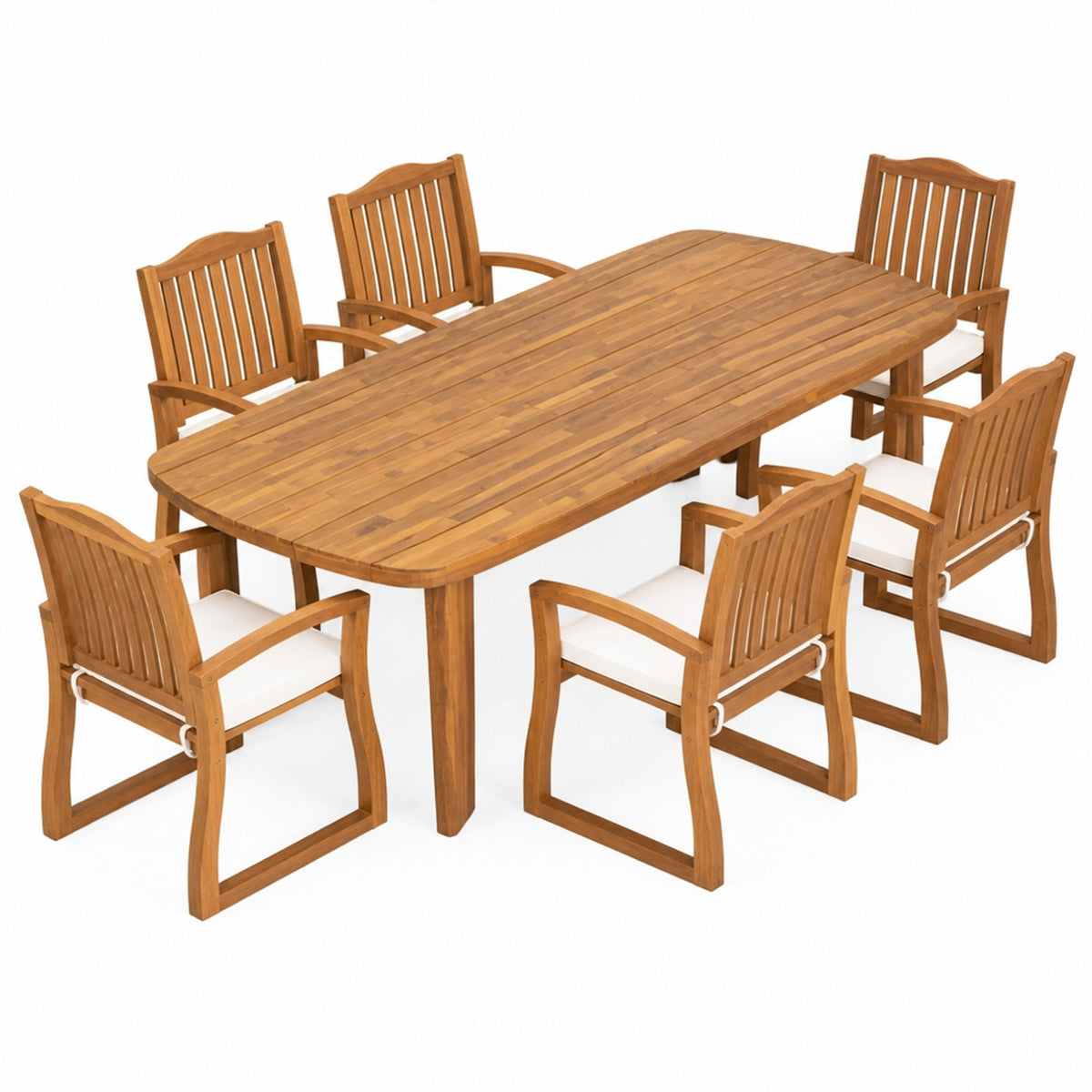 7‑Piece Acacia Wood Outdoor Dining Set, 71' Boat‑Shaped Oval Slatted Teak Finish Table, 6 Arm Chairs with Cream Waterproof Fabric Cushions for Patio Backyard Garden