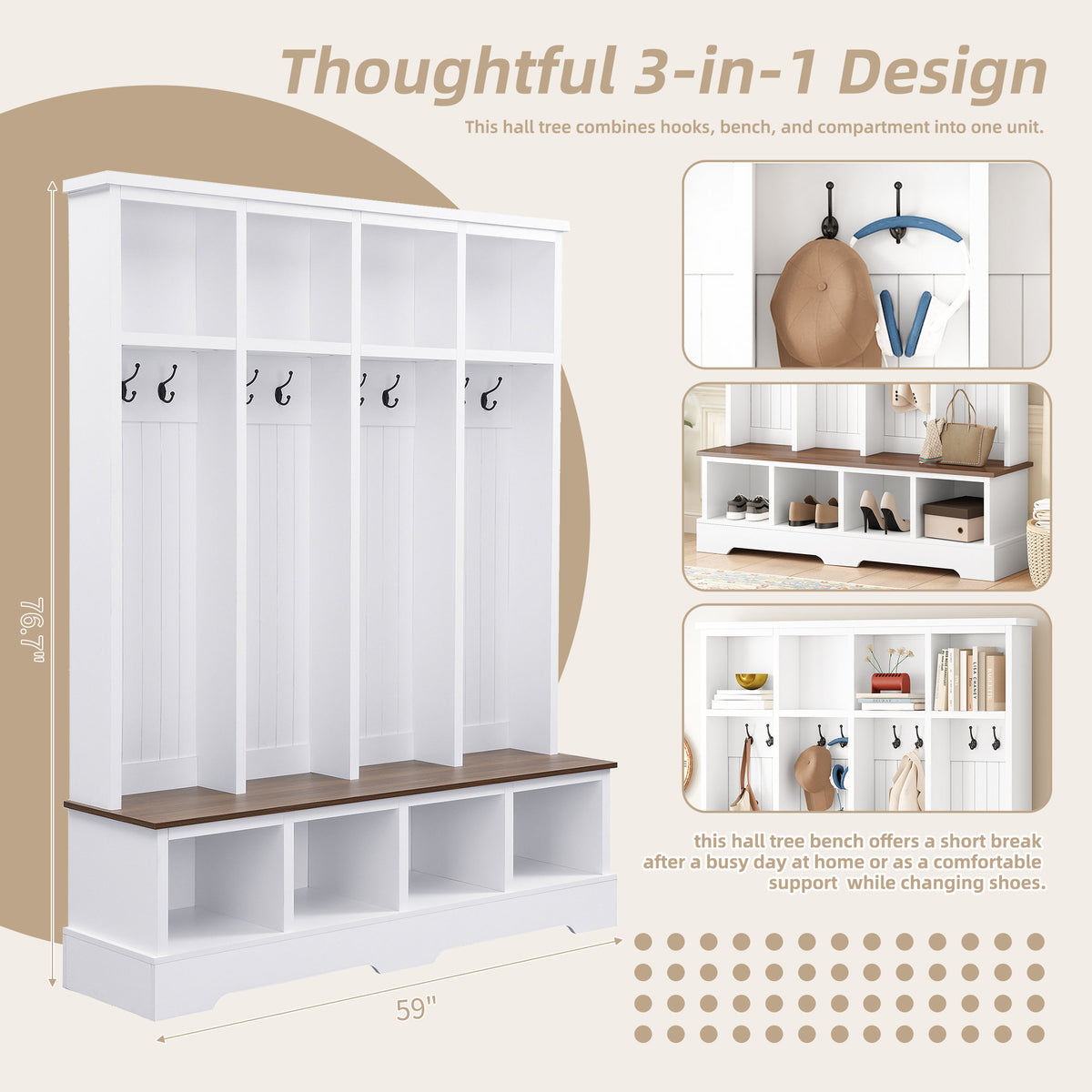 Farmhouse Hall Tree with 8 Hooks, Practical Entryway Bench with Open Compartments, 76.7"H Modern 3-in-1 Wooden Style Coat and Shoe Rack for Mudroom, Living Room, White (OLD SKU: N721S000075K)