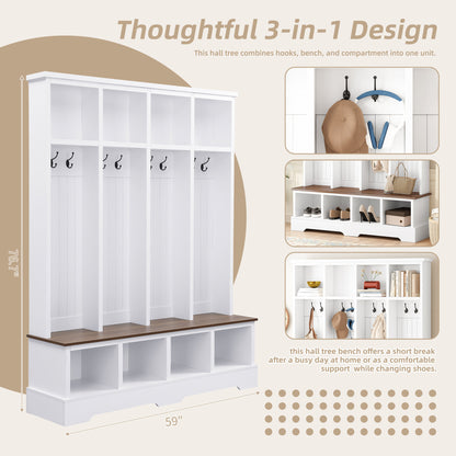 Farmhouse Hall Tree with 8 Hooks, Practical Entryway Bench with Open Compartments, 76.7"H Modern 3-in-1 Wooden Style Coat and Shoe Rack for Mudroom, Living Room, White (OLD SKU: N721S000075K)