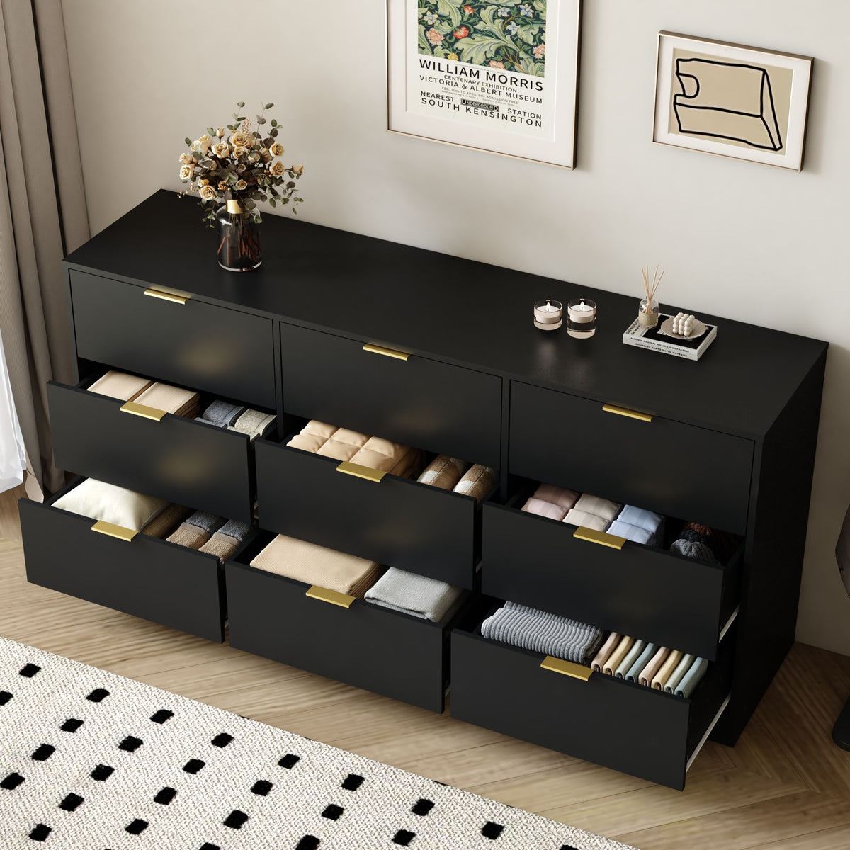 Black 9 Drawer Dresser, 63" Large Deep Chest of Drawers, Wooden Dresser Storage Cabinet with 9 Drawers, Long Dressers