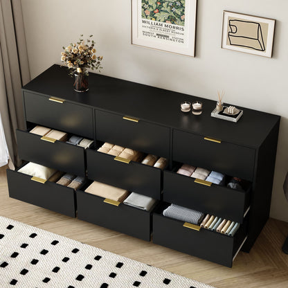 Black 9 Drawer Dresser, 63" Large Deep Chest of Drawers, Wooden Dresser Storage Cabinet with 9 Drawers, Long Dressers
