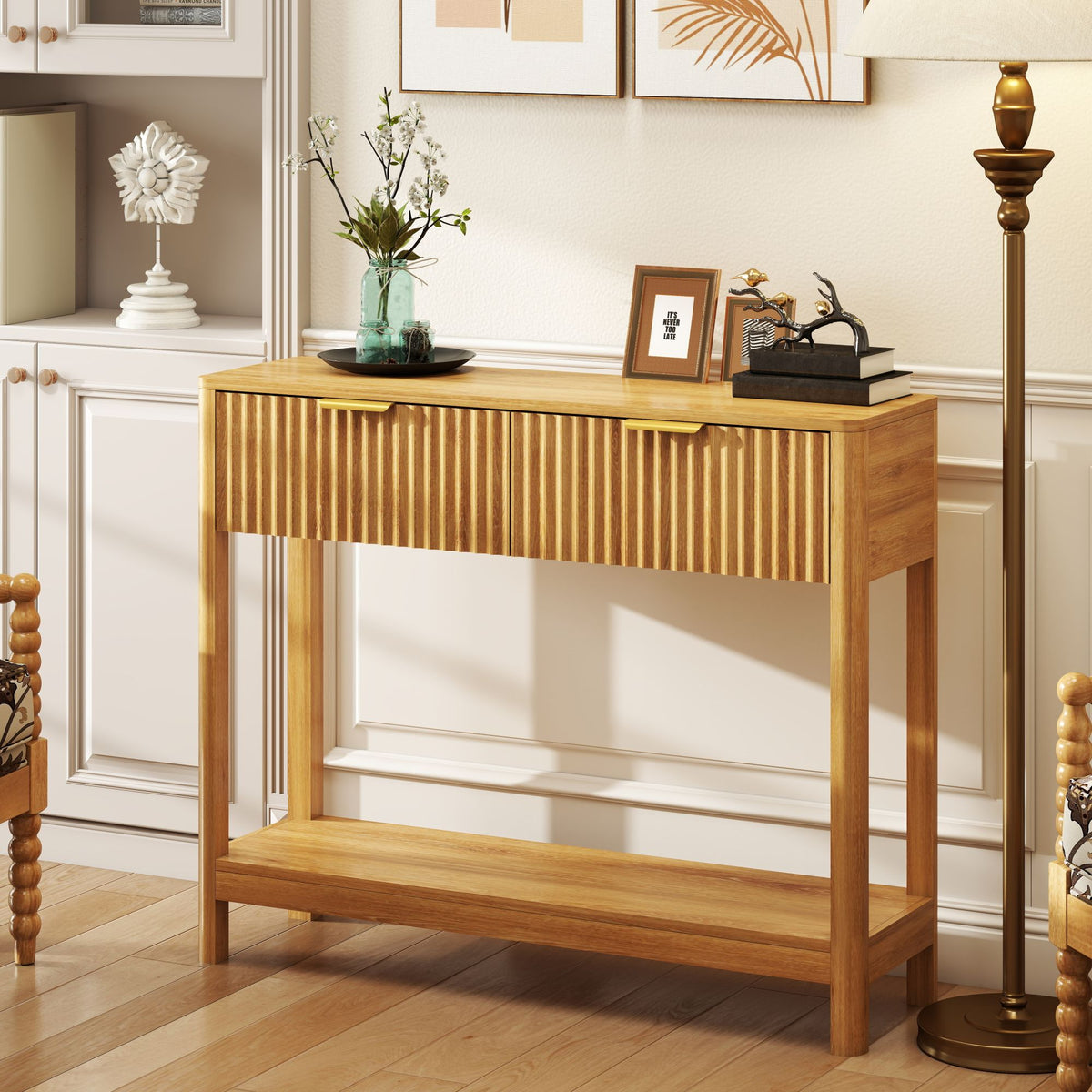 Mid-Century Modern Fluted Console Table with 2 Drawers & Open Shelf, Oak Finish Narrow Entryway Table, Slim Sofa Table for Hallway, Living Room, Small Spaces, Easy Assembly