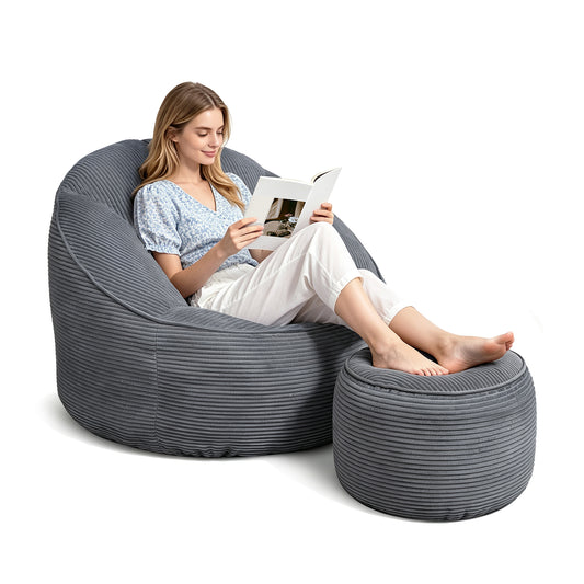Oversized Beanbag Big Round Lazy Sofa with Ottoman,Accent Chair for Living Room, Bedroom & Dorm, Cozy Fluffy Bean Bag Chair for Adults