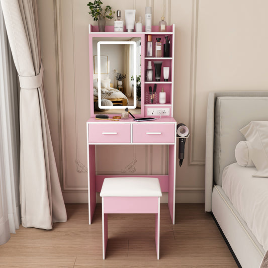 Small Makeup Vanity Desk with Mirror & Adjustable LED Lights, Built-in Power Outlet & Hidden Storage, Includes padded stool & Shelf