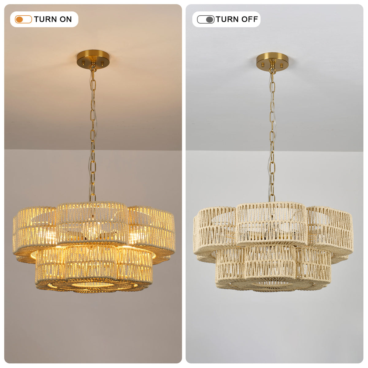 21.65" 2-Tier Gold Paper Rope Chandelier, 6xE26 Max 60W Pendant Light with Adjustable Hanging Chain