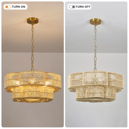 21.65" 2-Tier Gold Paper Rope Chandelier, 6xE26 Max 60W Pendant Light with Adjustable Hanging Chain