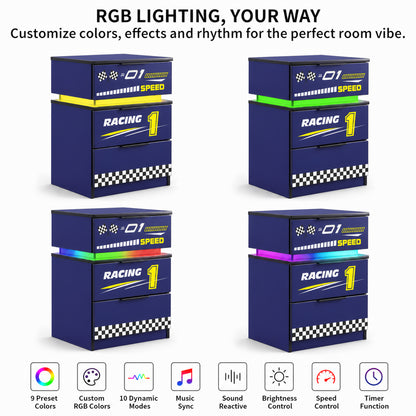 Kids Racing Car 3-Drawer Nightstand with Smart RGB LED Light, App/Remote/Music Sync Bedside Storage Cabinet, Fully KD