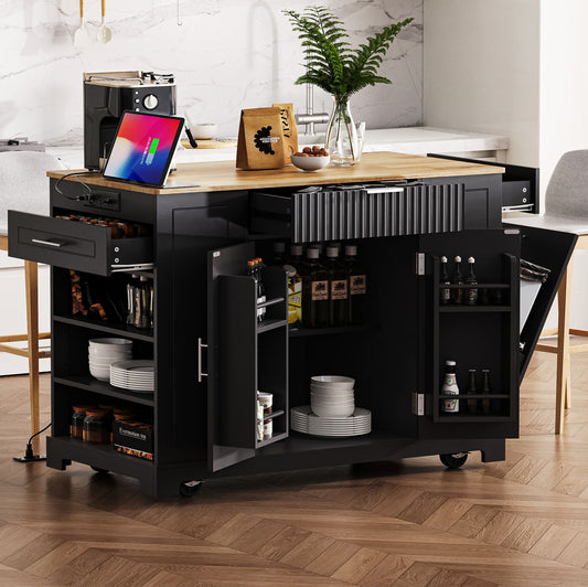 K&K Fluted Kitchen Island with Trash Can Storage Cabinet, Power Outlet, Internal Storage Rack – Black