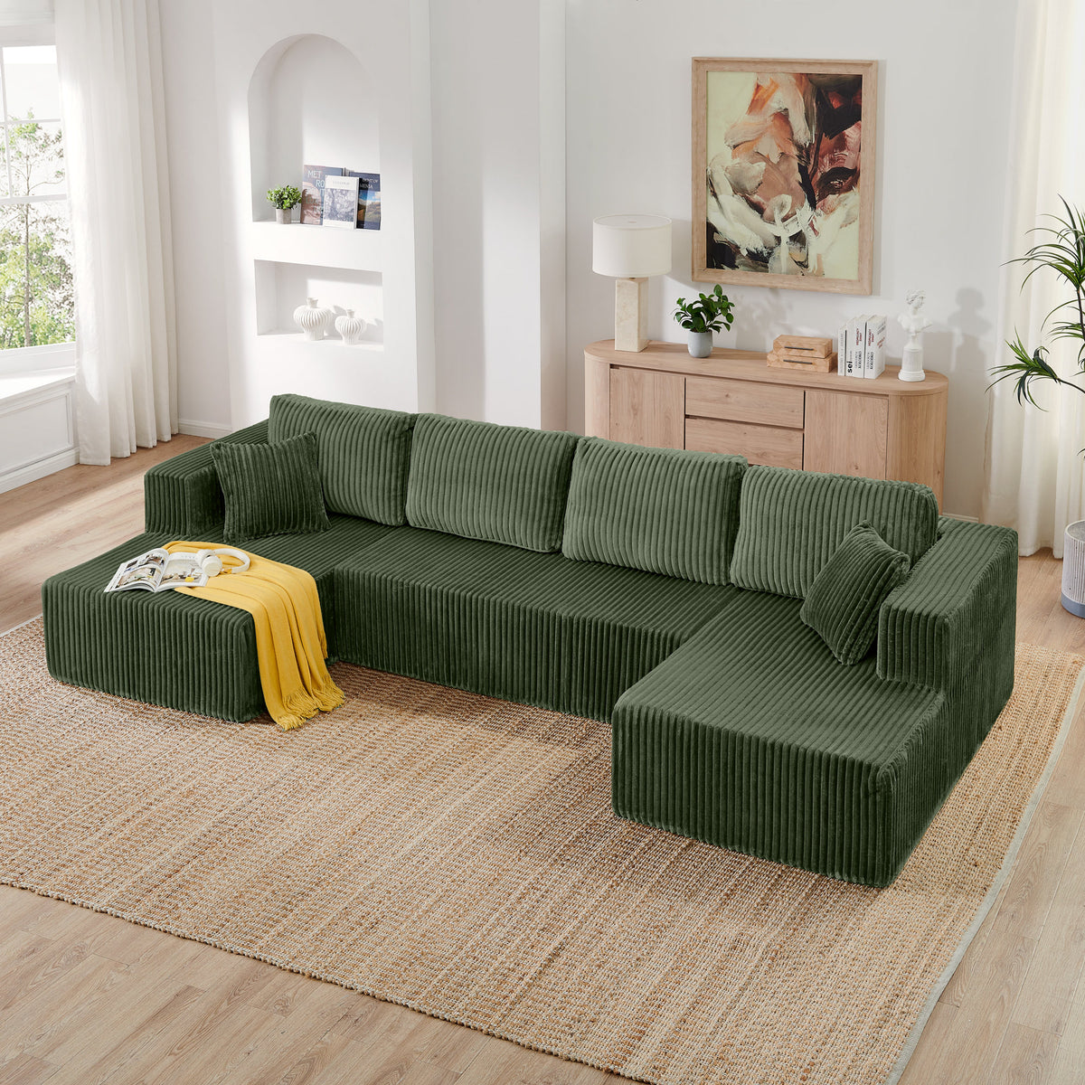 U shape Modular Sectional Sofa, Compressed Sectional Sofa Modern Minimalist Style Corduroy Couch, Sleeper Sofa – Green