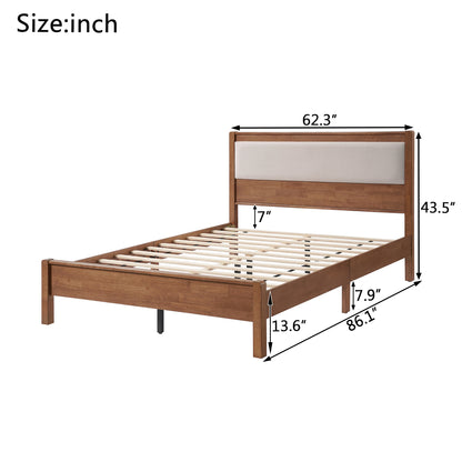 Queen Size, Solid Rubber Wooden Bed with Upholstered Headboard, Reinforced by Central Support Legs,Brown